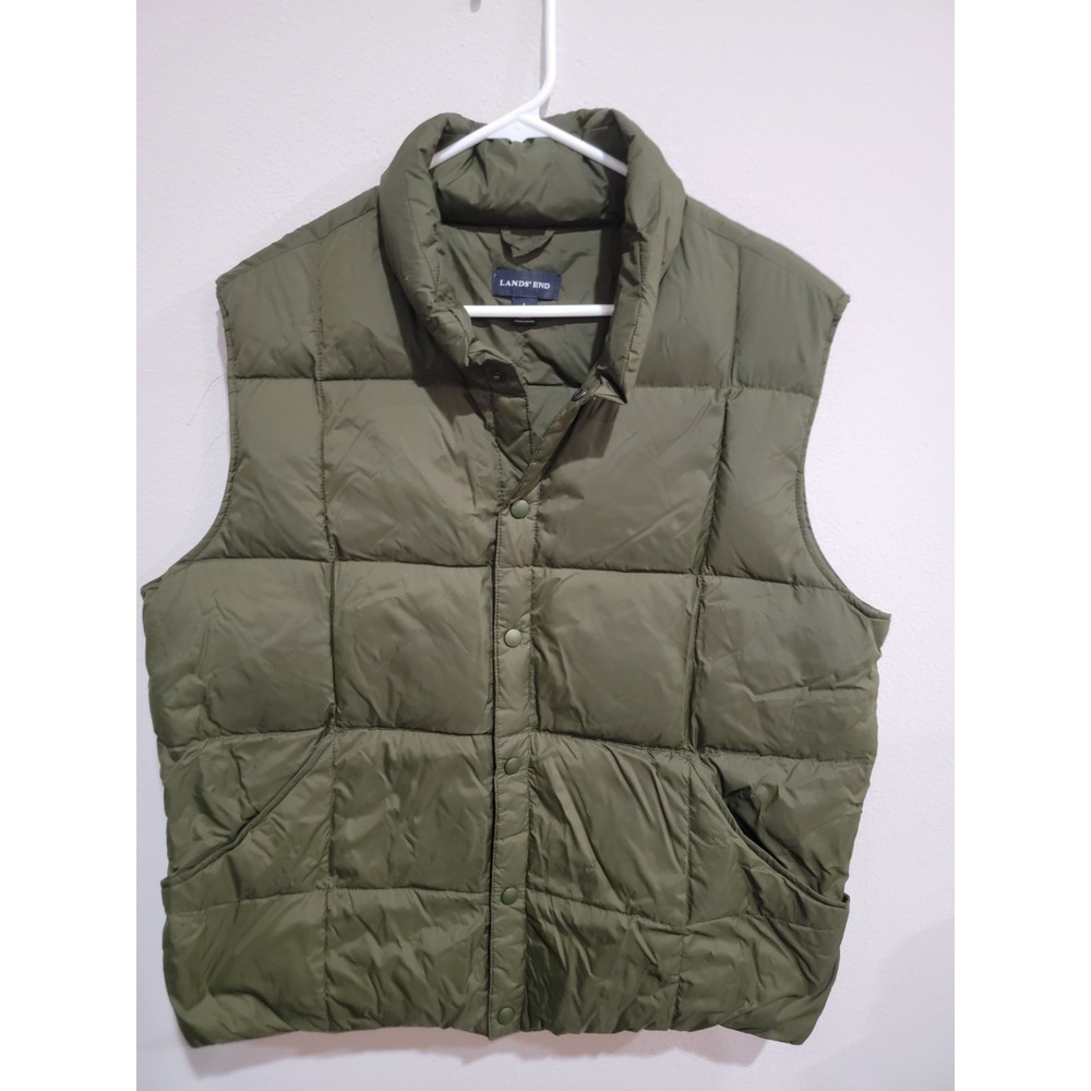 Lands End Puffer Vest Mens L 42-44 Green Down Fill Quilted Snap Front Jacket
